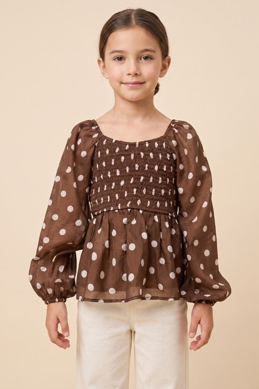 Girl's Brown Smocked Polka Dot Peplum Top