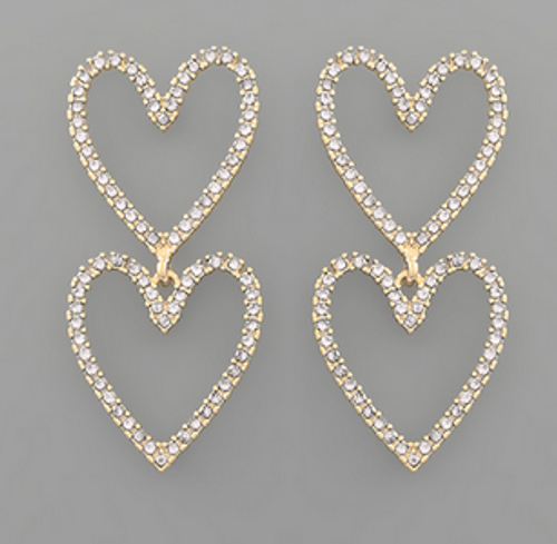 MC Crystal Double Heart Outline Earrings / Clear