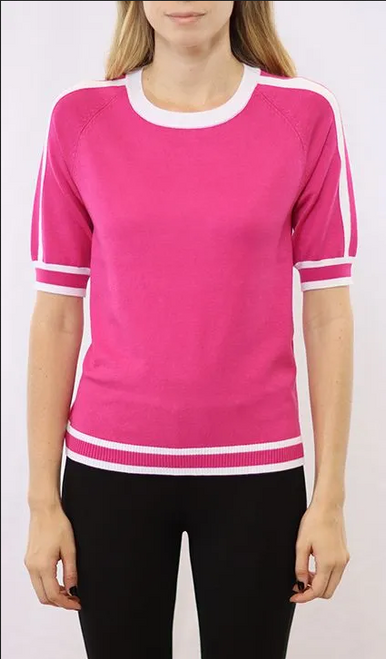 Metric Knits Crew Neck Pullover / Bright Rose & White