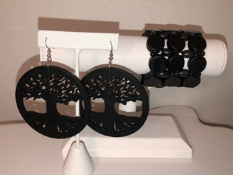 Women’s Wooden Black Tree of Life Earrings with Bracelet