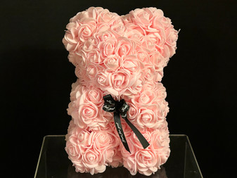 Rose Bear Pail- Pink with Black Ribbon (wrapped)