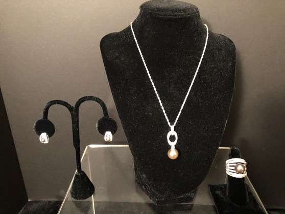 Women’s Silvertone Necklace and Earrings with Grey Accent Ball with Matching Ring