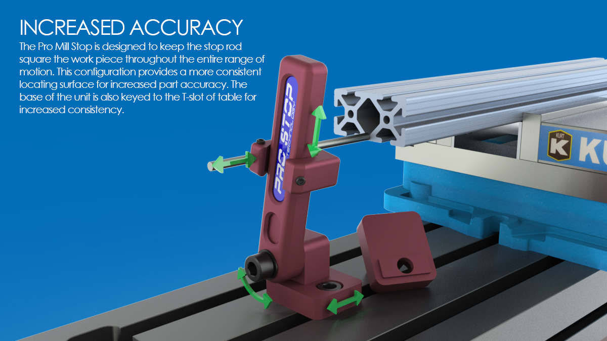 The Pro Mill Stop 16-000 by Edge Technology can be mounted on any available T-slot anywhere along the milling machine table allowing it to accurately locate a workpiece for any type of setup.. milling machine mill tool machinist vise kurt bridgeport