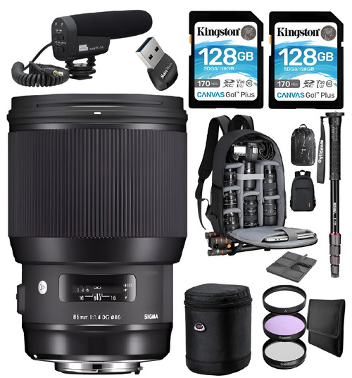 Sigma 85mm f/1.4 DG HSM Art Lens For Canon EF With 2x Kingston 128GB MC + Lens Backpack + Microphone + Monopod + Lens Filter + More Travelers Bundle Sigma