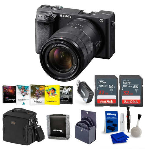 Sony Alpha a6400 Mirrorless Camera with 18-135mm f/3.5-5.6 OSS Lens - Bundle With 2x 32GB SDHC Card +Camera Case, 55mm Filter Kit, Cleaning Kit, Card Reader, Memory Wallet, PC Software Sony