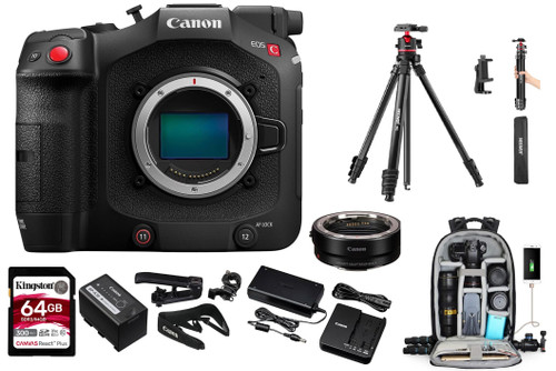 Canon EOS C80 Cinema Camera – Full-Frame 6K RF-Mount Camera with BSI Sensor, C-Log 2/3, Built-in ND Filters & Dual Pixel AF (6389C002) + Canon Adapter EF-EOS R + 64GB Memory Card + Camera Backpack + Tripod