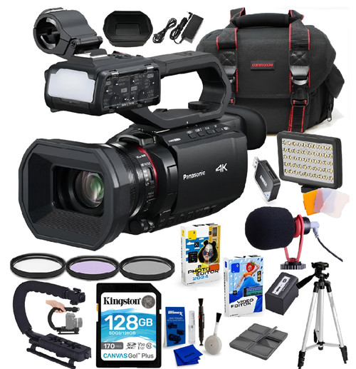 Panasonic HC-X2100 UHD 4K 3G-SDI/HDMI Pro Camcorder with 24x Zoom Bundle + Accessory Package Including 128GB Memory, LED Light, HD Filters, Bag, Editing Software Package & More - Buy Direct & Save