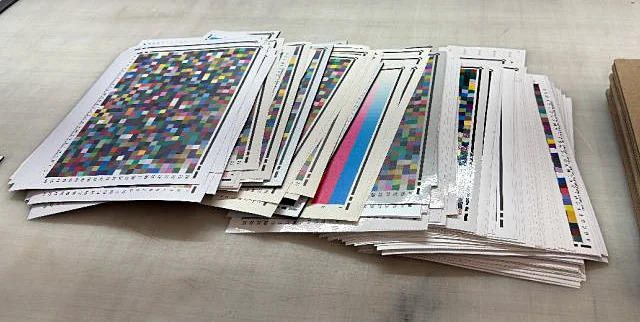 Stack of 46 ICC profile test charts created in PrintFactory over two days