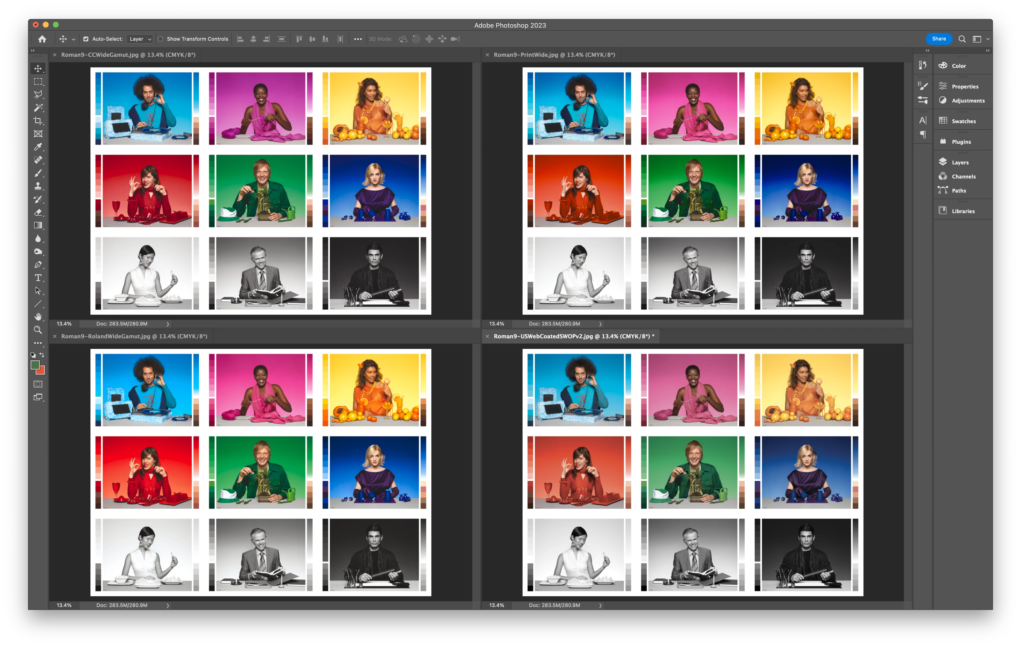 Evaluation images assigned ChromaChecker WideGamut, PrintWide2020 Idealliance, and RolandWideGamut wide gamut source profiles compared with the default SWOP conversion