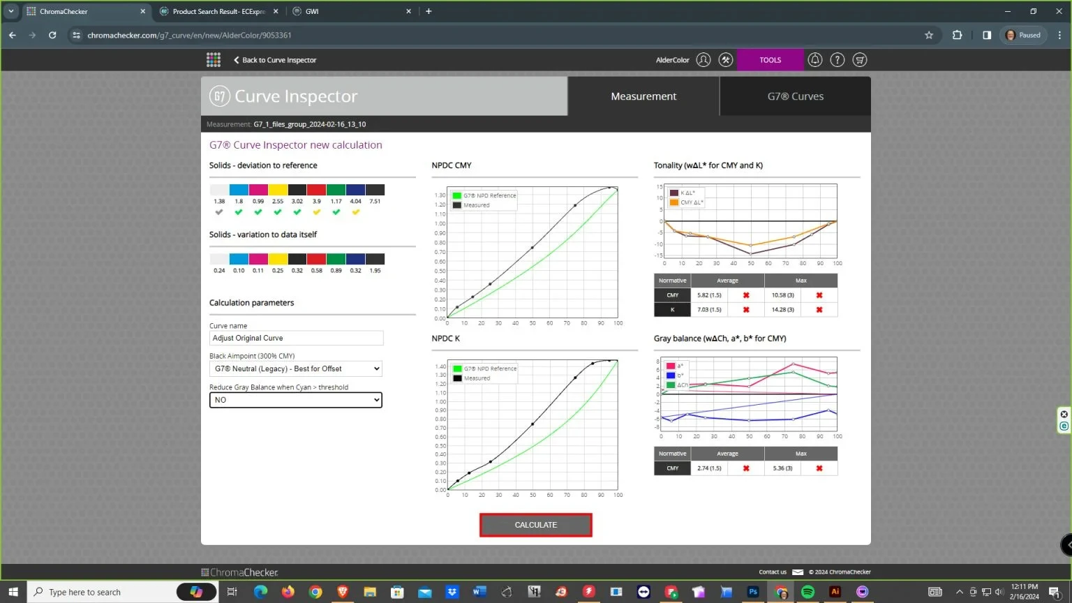 Naming the adjusted curve, applying the offset settings, and clicking Calculate in the Alder Color Control Platform