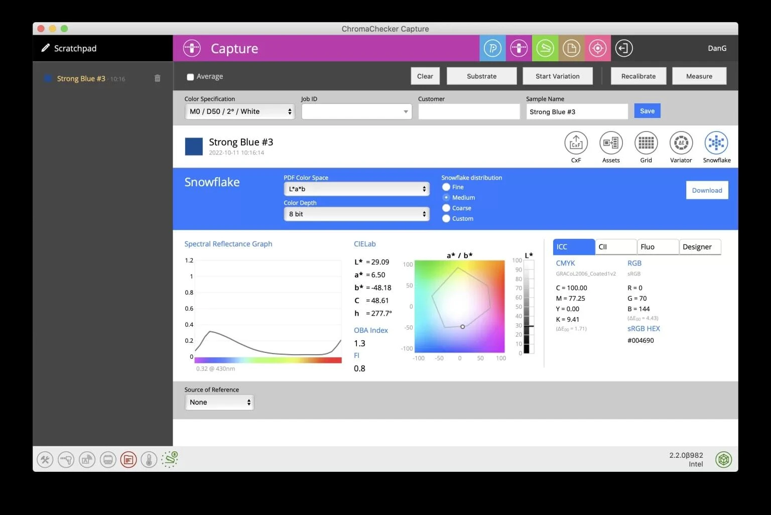 ChromaChecker Capture color details showing spectral curve, CIELab, LCH, 2D gamut plot, CMYK, RGB and HEX values