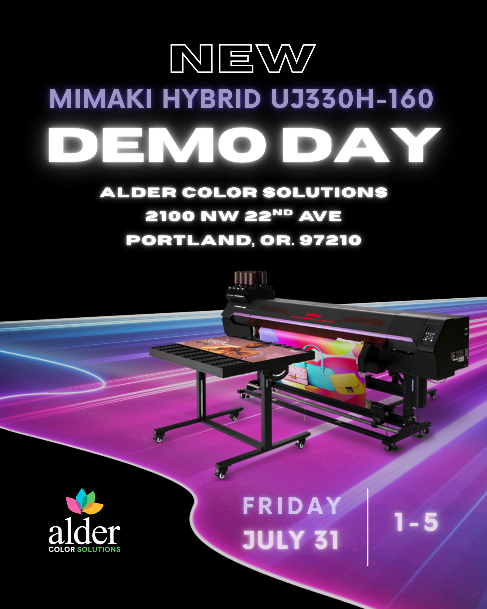 Mimaki UJ330H-160 Demo Day flyer — Friday July 31, 1–5 PM, Alder Color Solutions, Portland OR