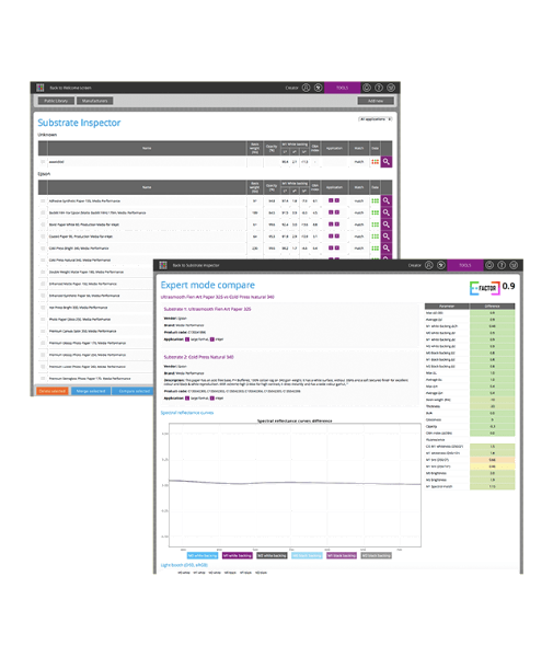 Substrate Inspector tables comparing paper and substrate performance