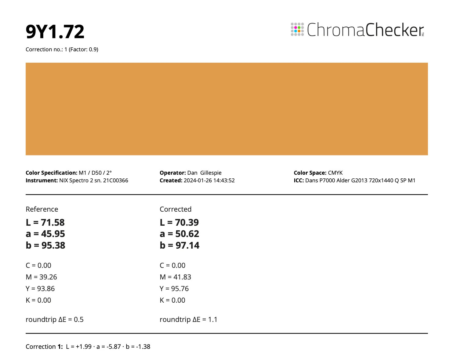 The third Color Match PDF with further correction values listed