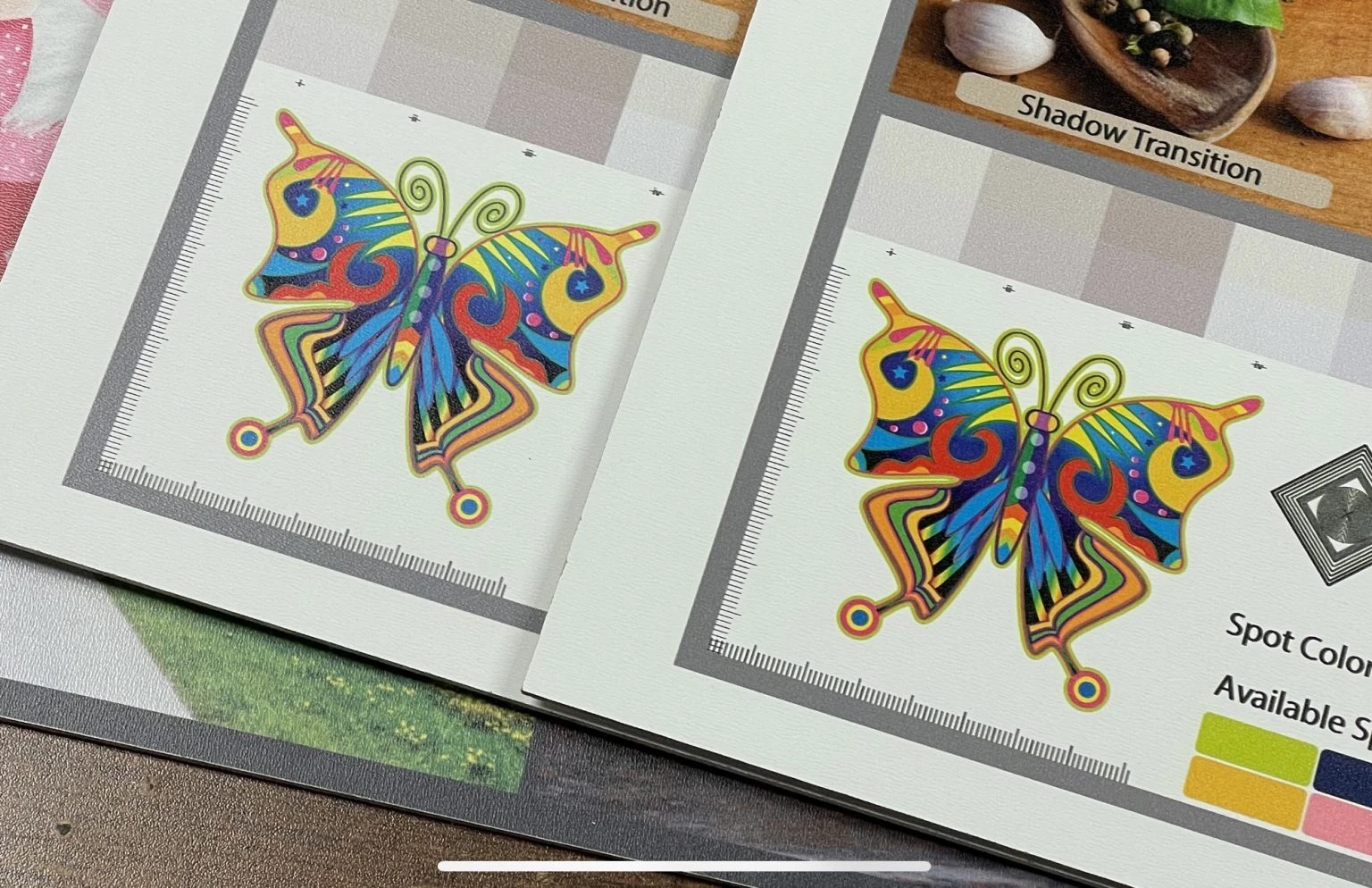 Printed sample comparing the default SWOP workflow against the trick wide gamut workflow