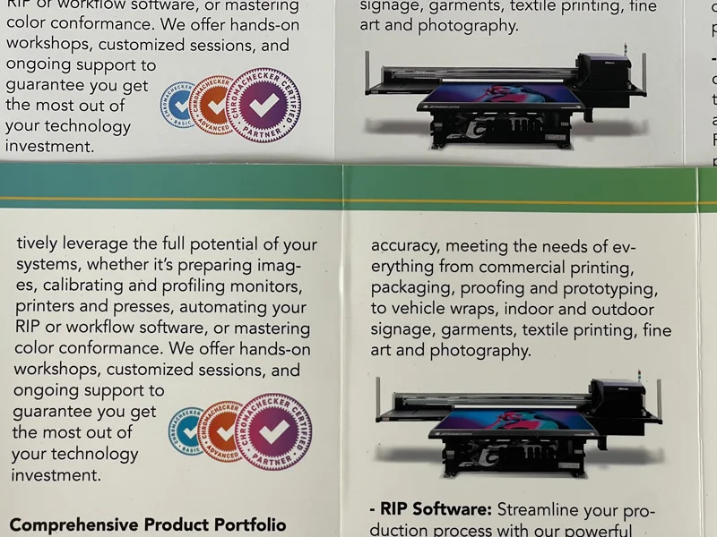 Process color logos and images on the printed brochure compared against the verified proof below