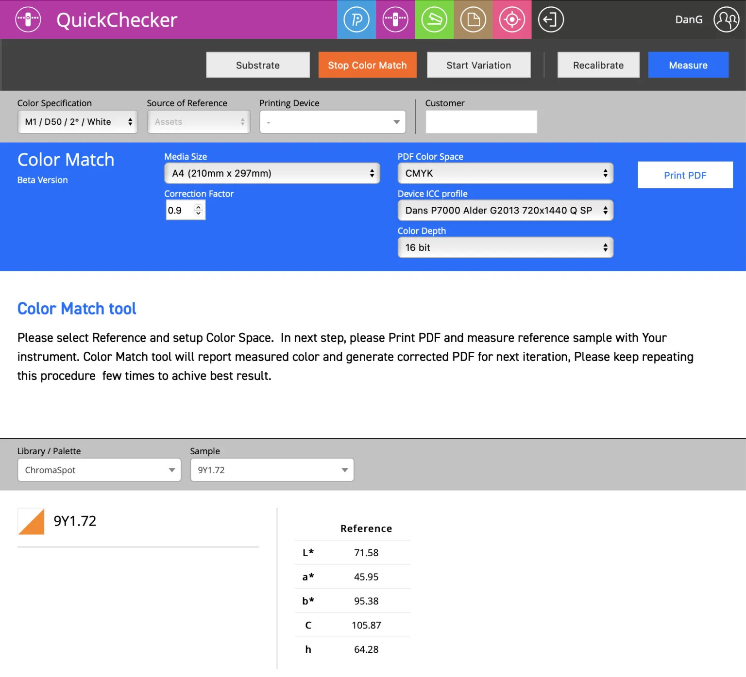 ChromaChecker Capture Color Match screen with the ChromaSpot library selected and color 9Y1.72 entered