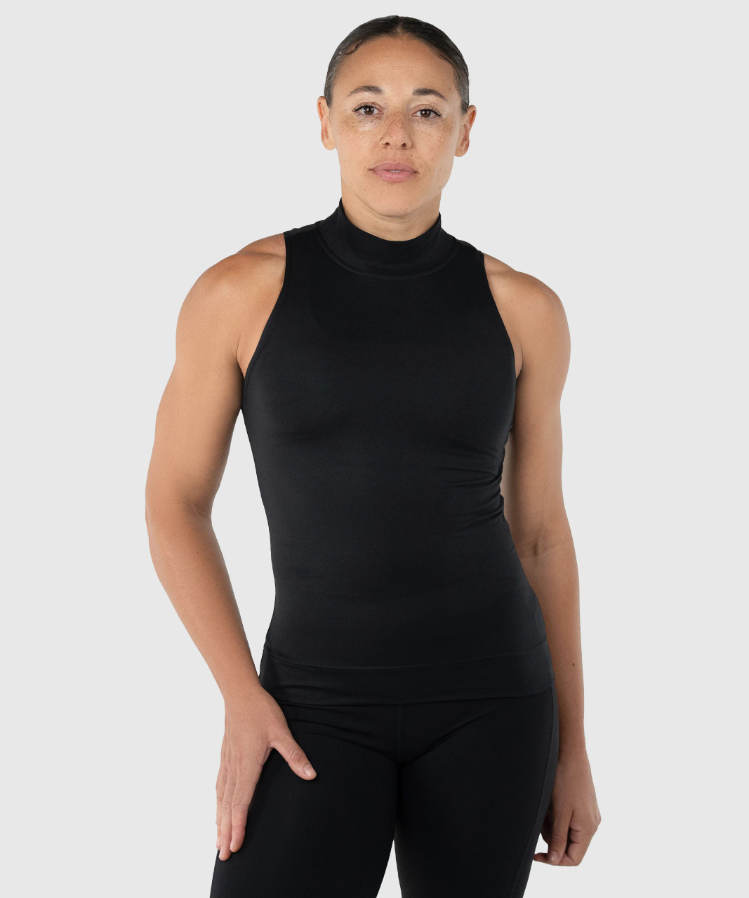 Thrive Tank, women's black HydrApex performance tank with mock neck and athletic fit, front view