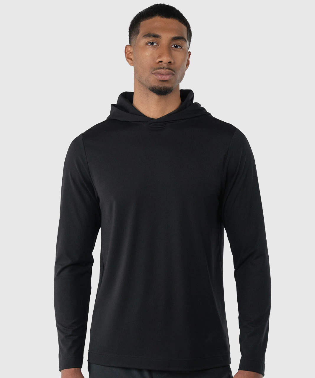 Ascend Hoodie, men's black lightweight stretch performance hoodie with athletic fit, front view