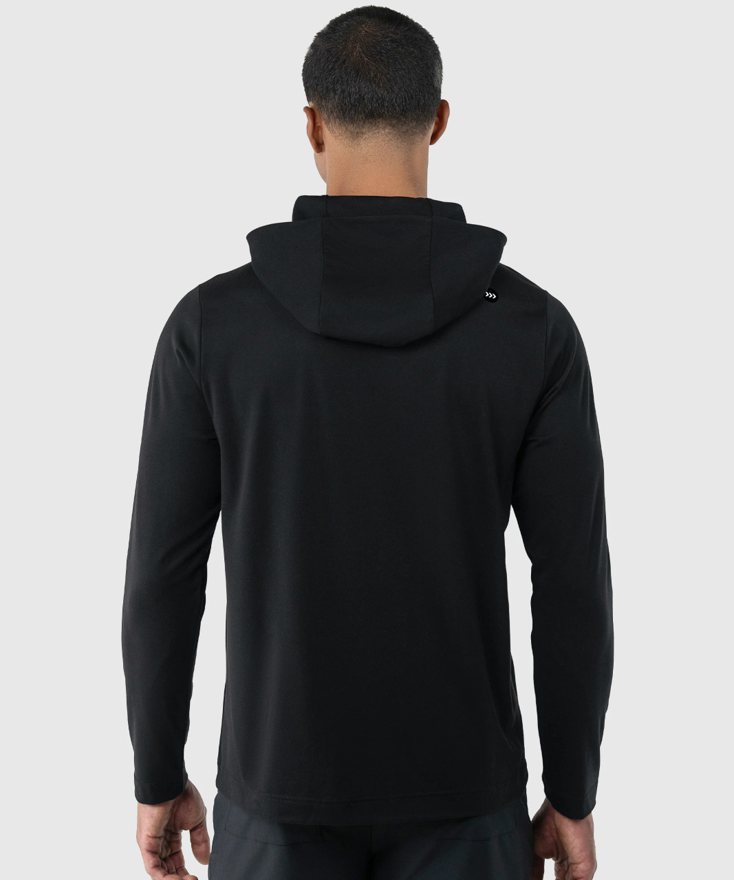 Ascend Hoodie, men's black performance hoodie with silicone Bomber back yoke logo, back view