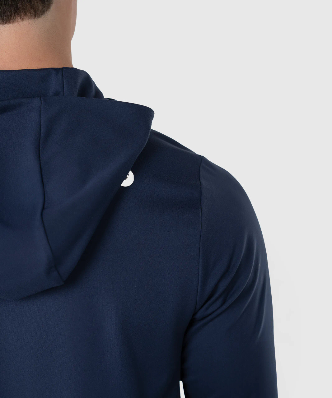 Ascend Hoodie, navy lightweight performance hoodie with fitted hood, close-up view