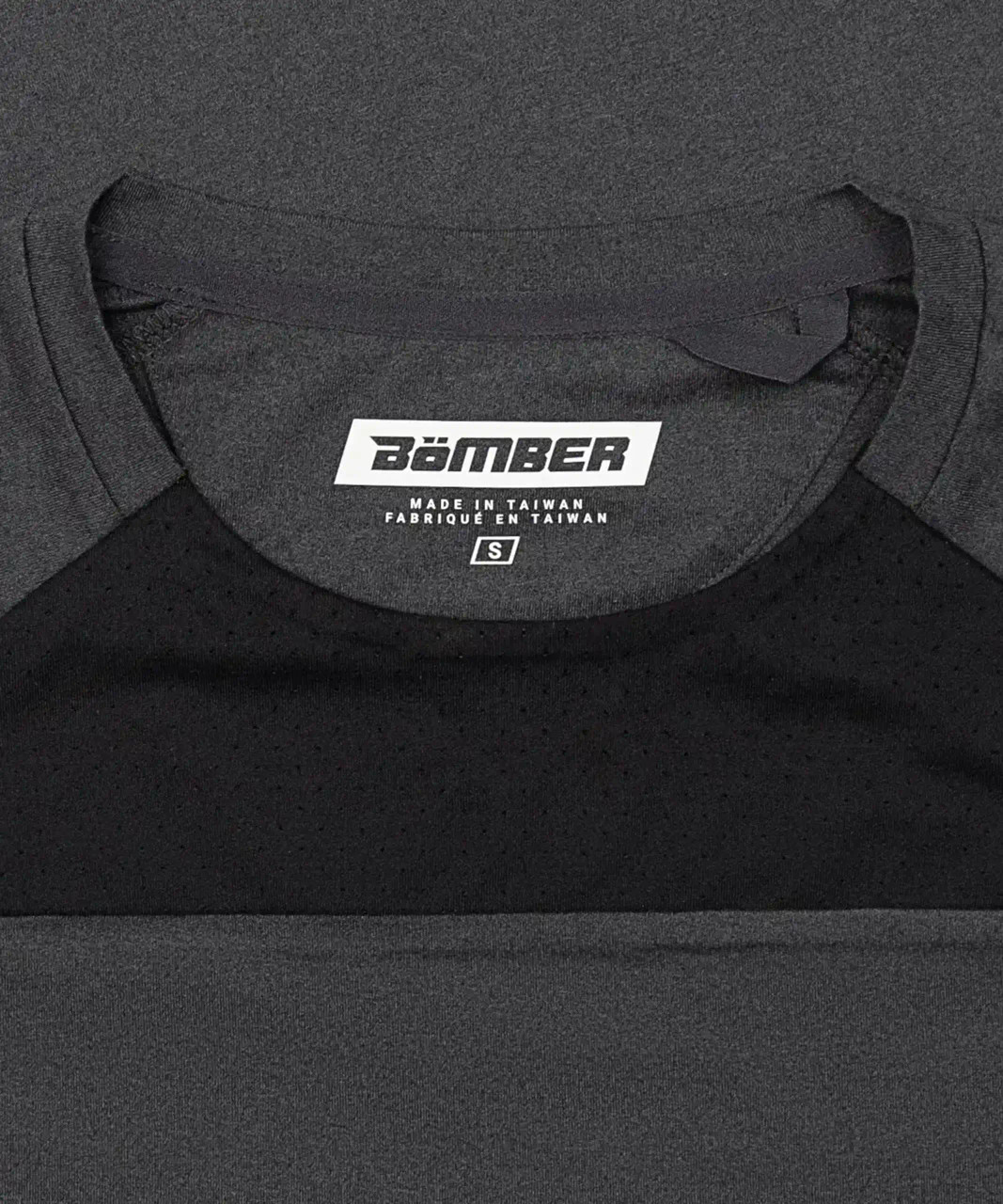 Elevate T-Shirt, black heather performance t-shirt with interior neck sweat loop, close-up view