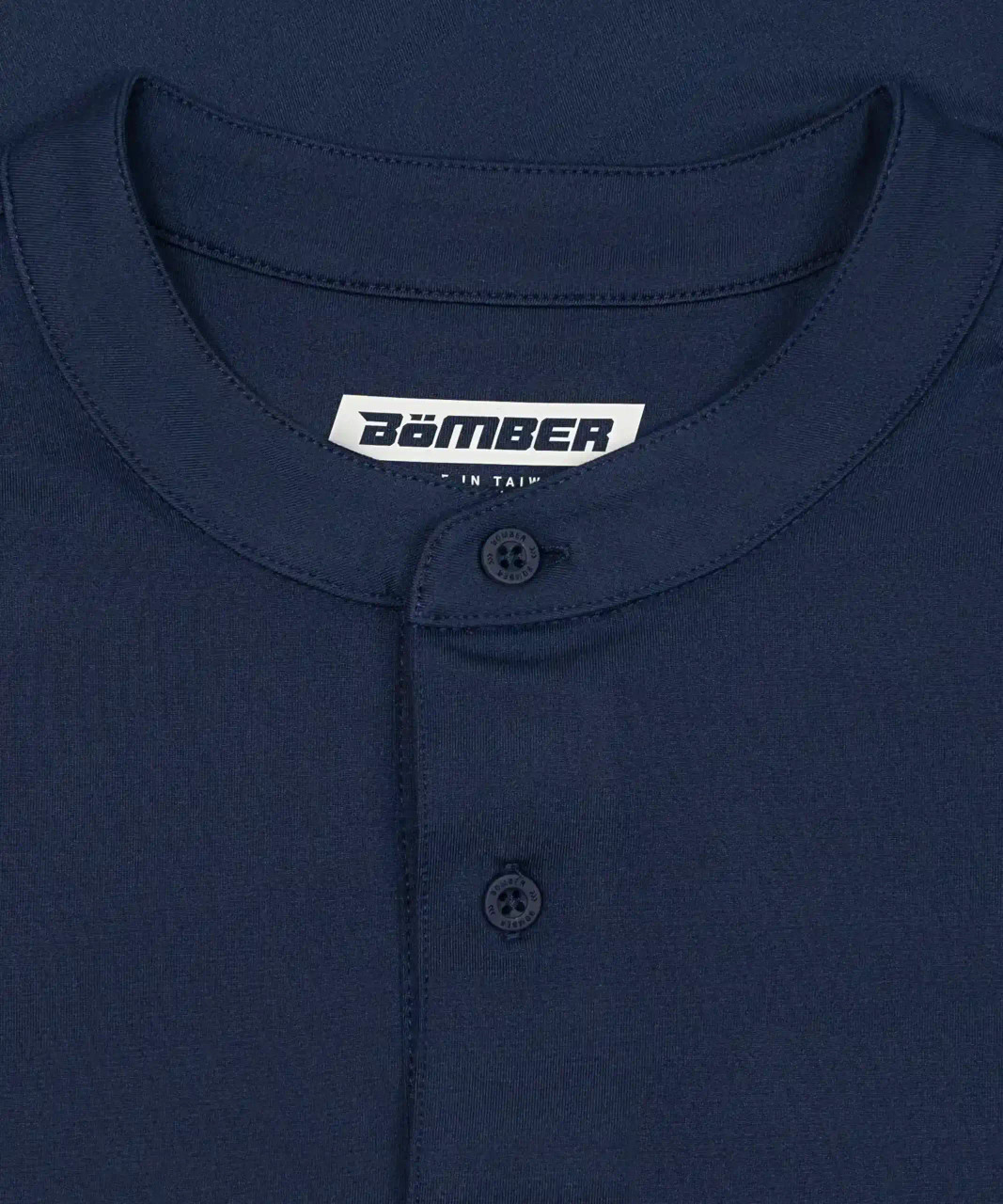 Core MB Polo, navy blade collar with two-button placket, close-up view