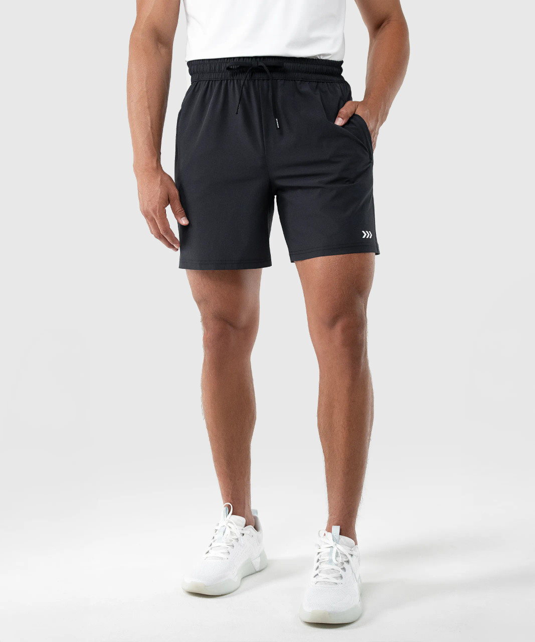 Focus Active Short, men's black 6-inch athletic training shorts with breathable stretch fabric, front view