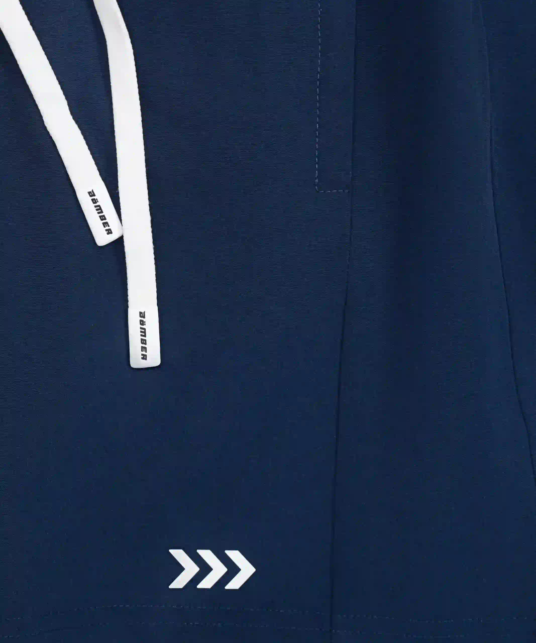 Focus Active Short, navy breathable stretch performance fabric with heat transfer logo, close-up view