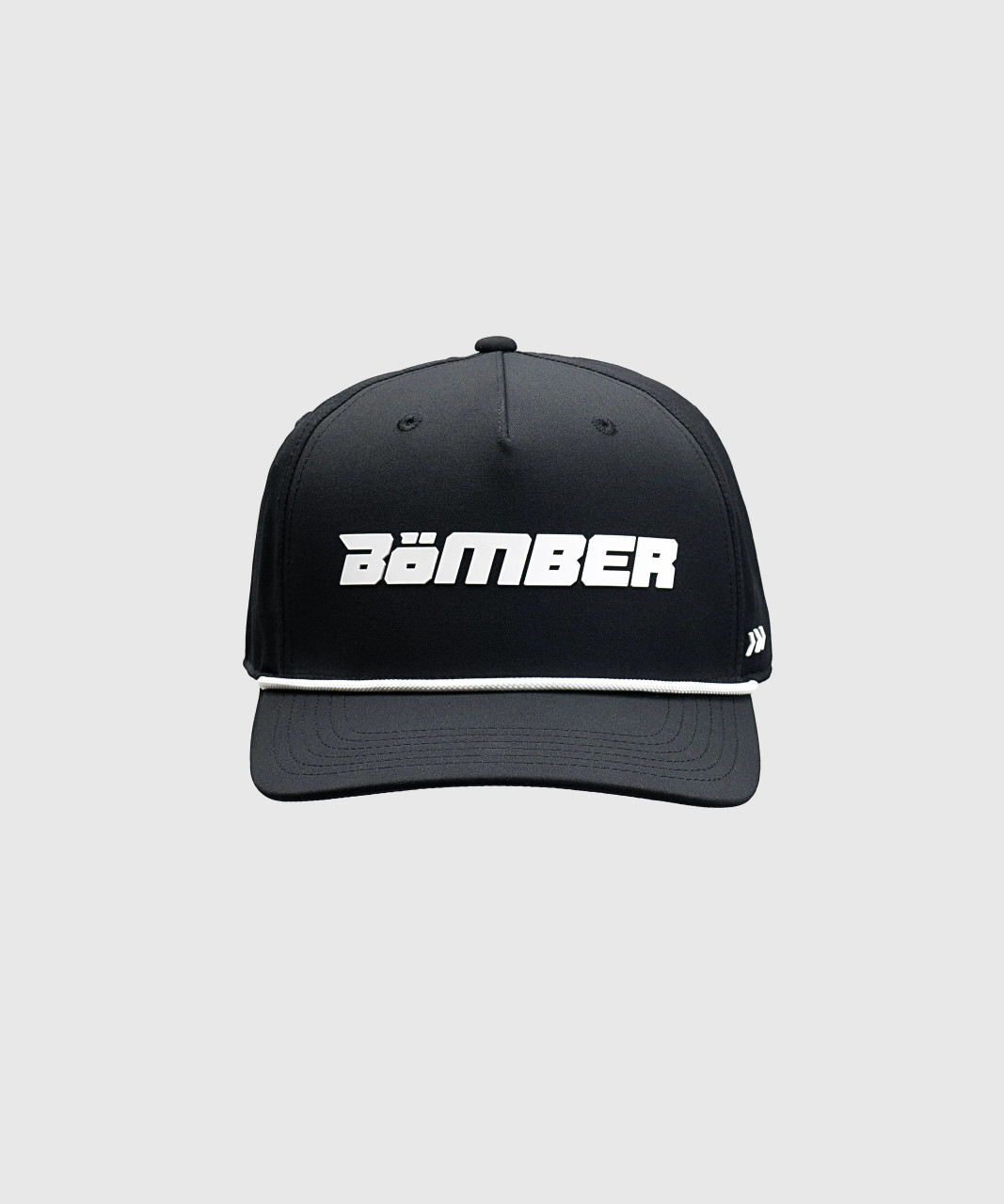 Ambition Snapback, black structured snapback with rope detail and silicone Bomber logo, front view