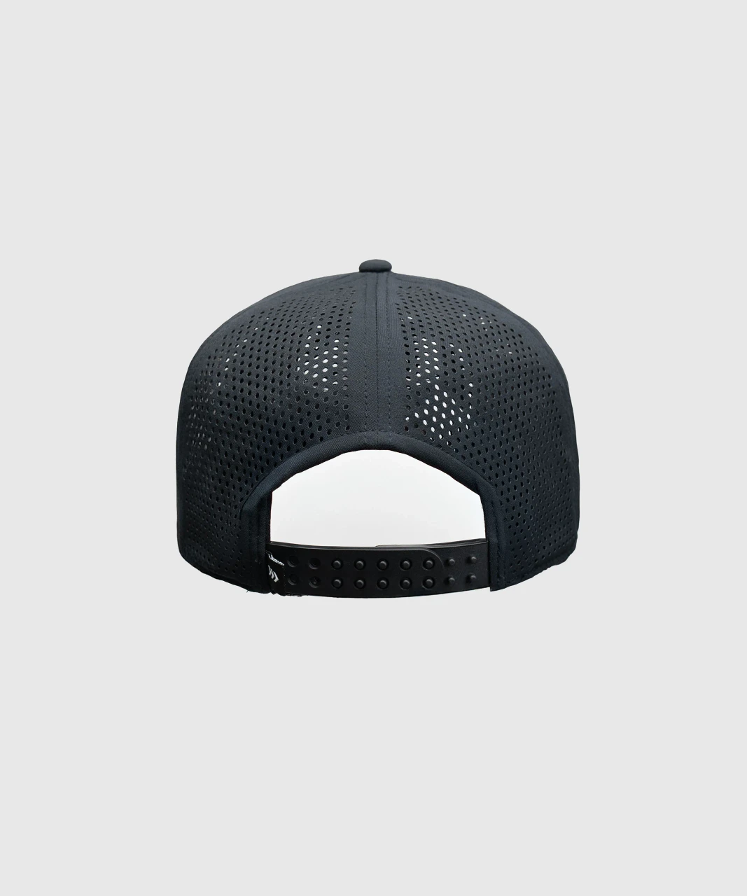 Stride Snapback, black snapback hat with Apex-shaped mesh back panels and double snapback closure, back view