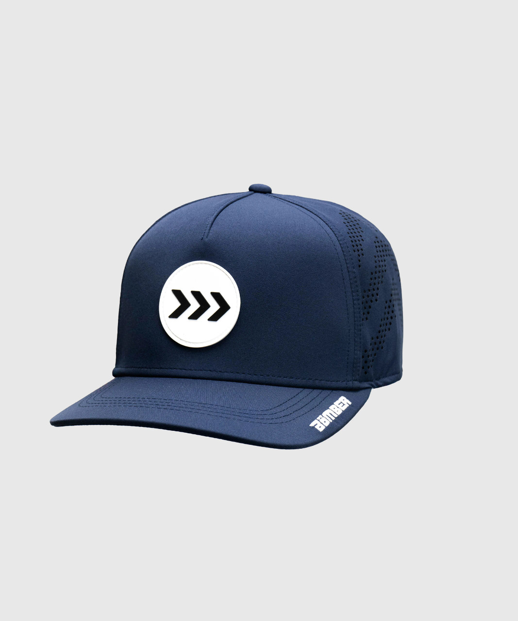 Impact Snapback, navy high-crown structured snapback hat with embroidered Bomber visor logo, front view