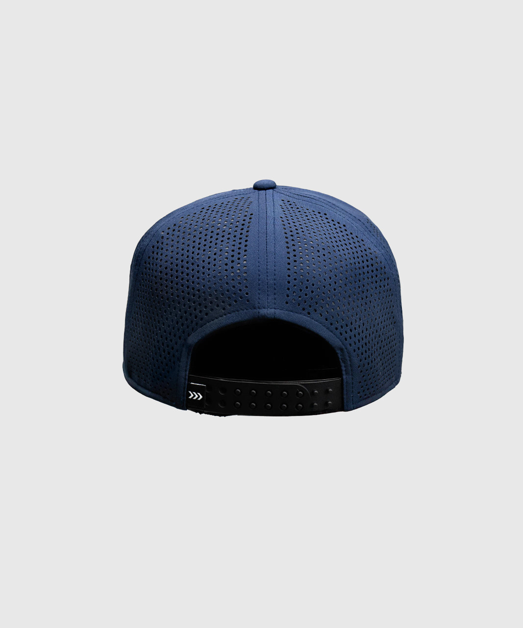 Impact Snapback, navy snapback hat with Apex mesh back panels and double snapback closure, back view
