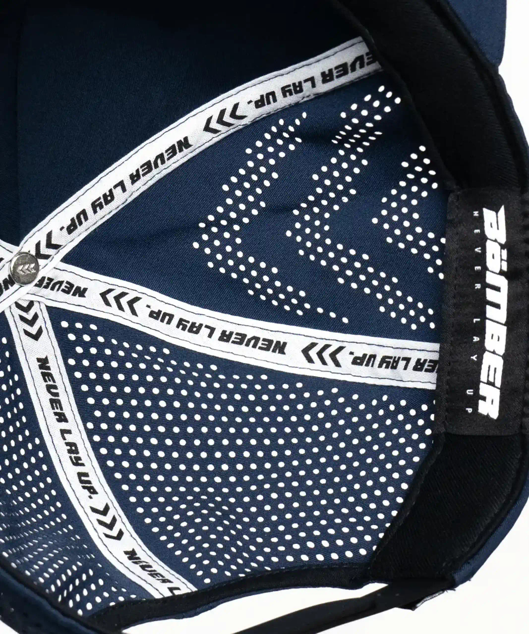 Impact Snapback, interior sweat-wicking stretch sweatband and seam detail, close-up view