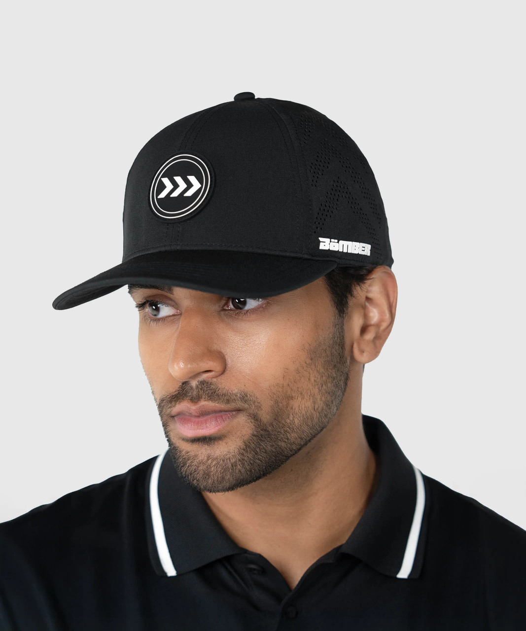 Flash Snapback, black low-profile snapback worn by model, lifestyle view