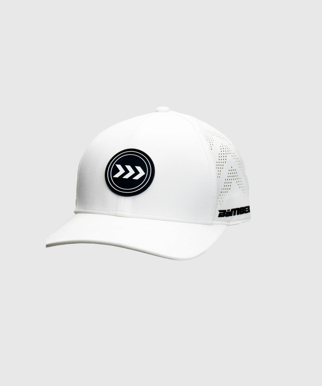 Flash Snapback, white low-profile 6-panel snapback hat with silicone Bomber logo, front view