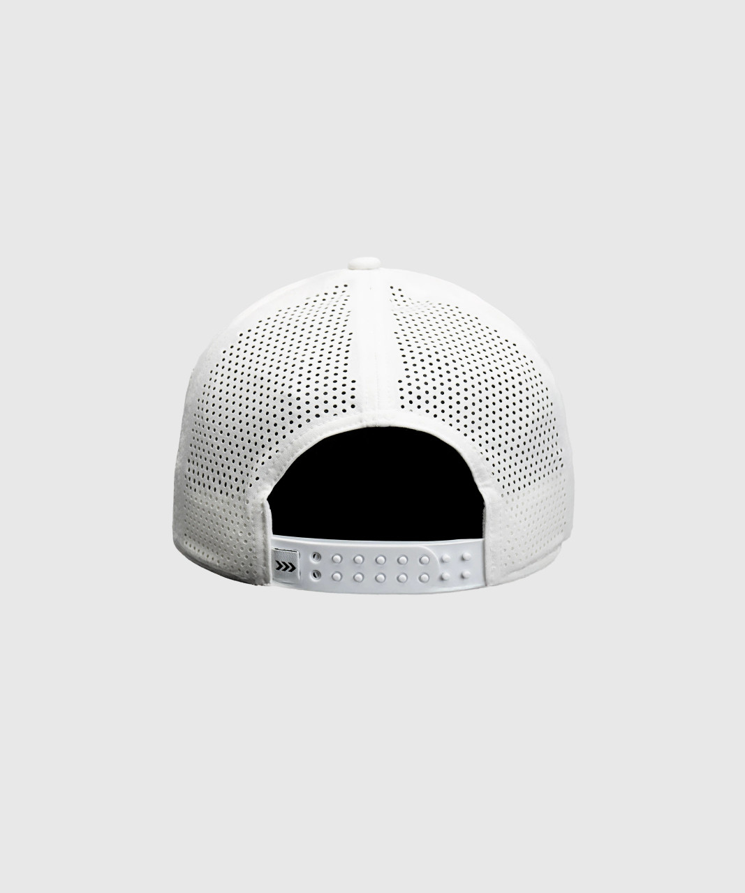 Flash Snapback, white snapback hat with Apex mesh back panels and double snapback closure, back view