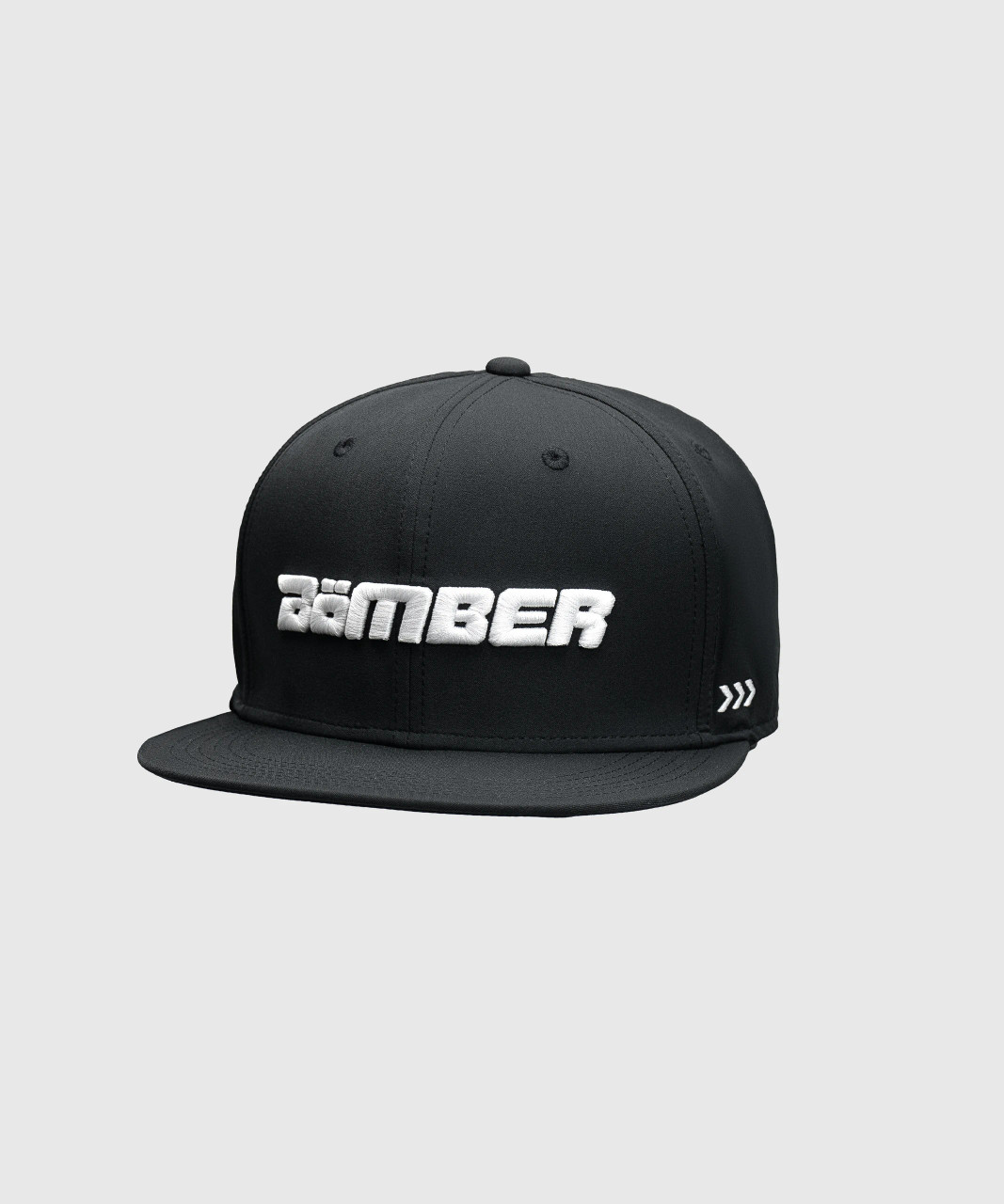 Dash Snapback, black high-crown flat-brim snapback hat with embroidered Bomber logo, front view