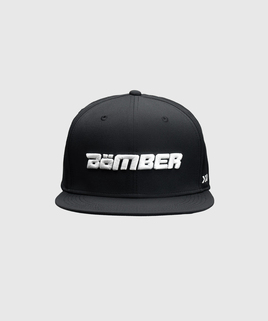Dash Snapback, black structured flat-brim snapback with embroidered Bomber logo, front view