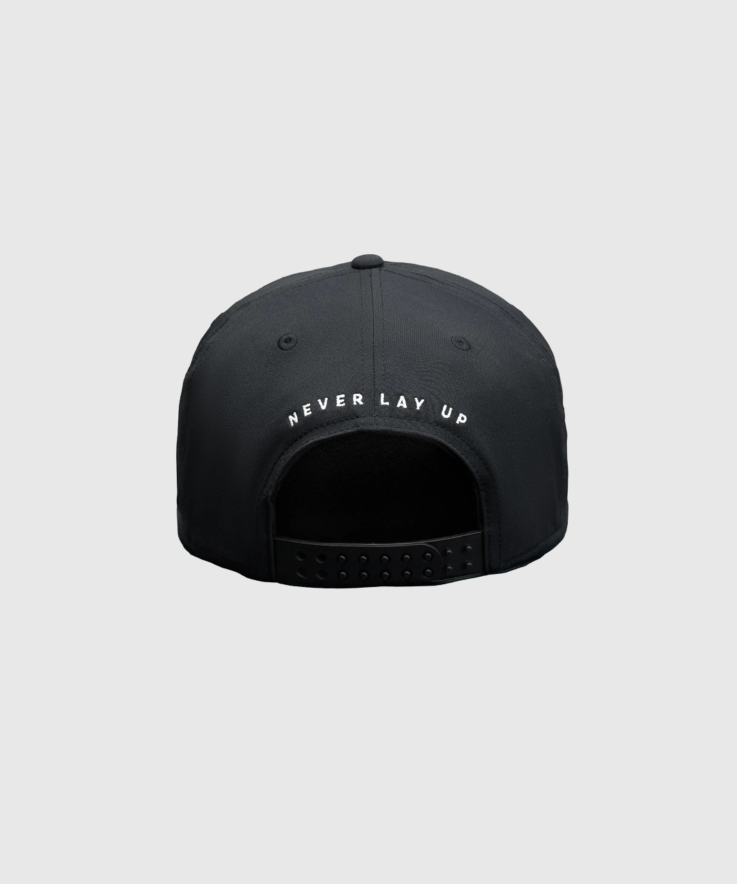 Dash Snapback, black snapback hat with double snapback closure, back view