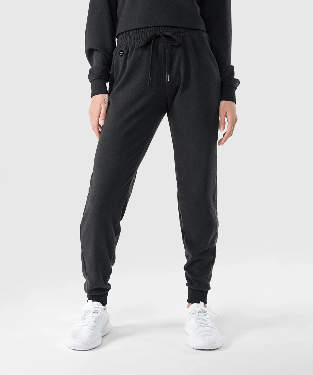 Excel Jogger, black brushed fleece jogger for women with LuxeGo fabric, front view
