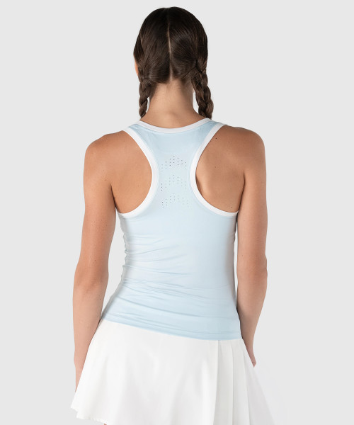 Energize Tank, women's light blue performance tank with racerback design, back view