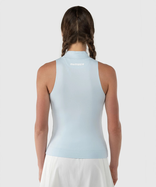 Thrive Tank, women's light blue performance tank with silicone Bomber back yoke logo, back view