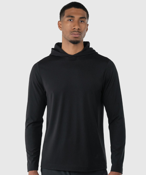 Ascend Hoodie, men's black lightweight stretch performance hoodie with athletic fit, front view