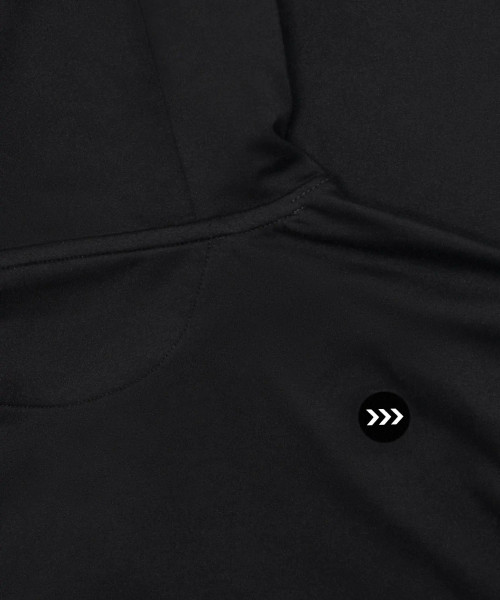 Ascend Hoodie, black stretch nylon performance hoodie with silicone Bomber chest logo, close-up view