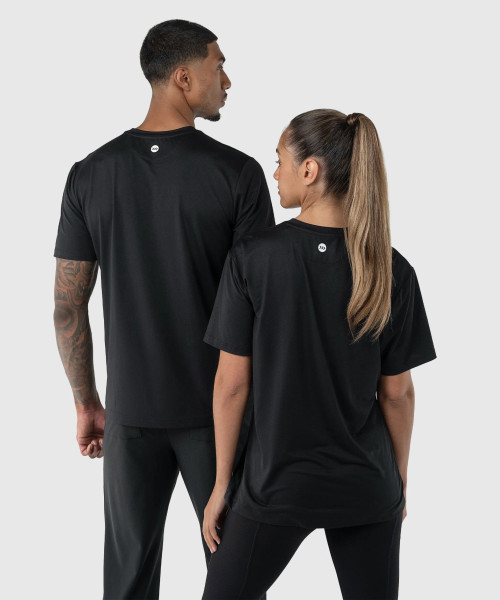 Propel T-Shirt, black unisex performance t-shirt with silicone Bomber back yoke logo, back view
