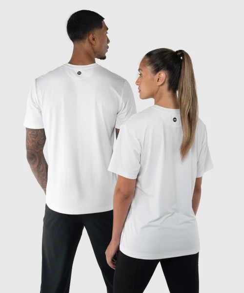 Propel T-Shirt, white unisex performance t-shirt with silicone Bomber back yoke logo, back view
