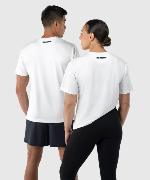 Drive T-Shirt, white unisex performance t-shirt with silicone Bomber back yoke logo, back view