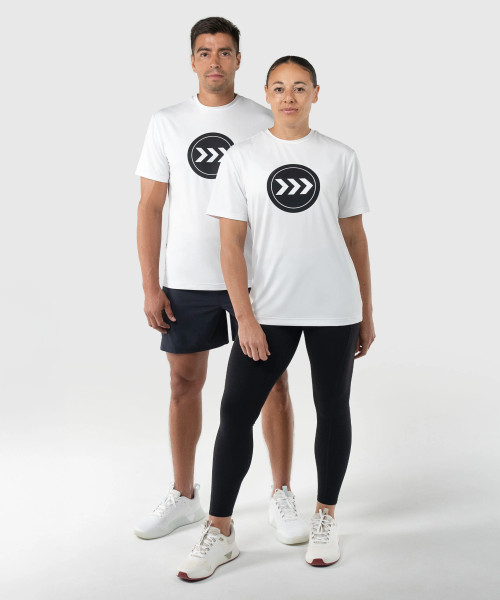 Drive T-Shirt, white unisex HydrApex performance t-shirt worn by models, lifestyle view