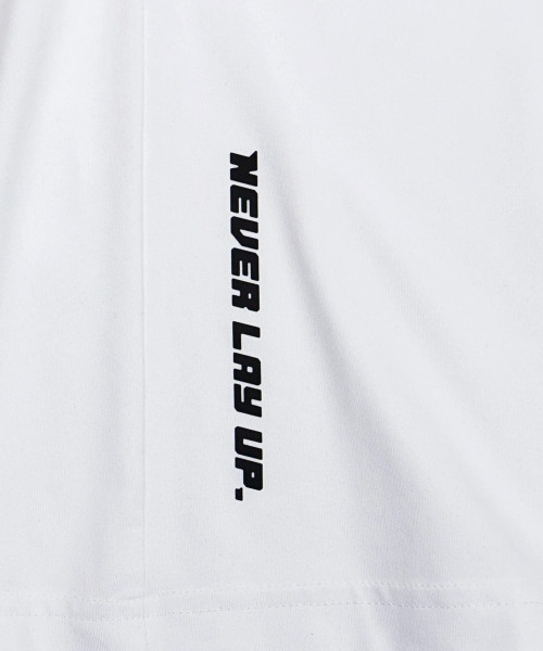 Drive T-Shirt, white performance t-shirt with silicone Bomber back yoke logo, close-up view
